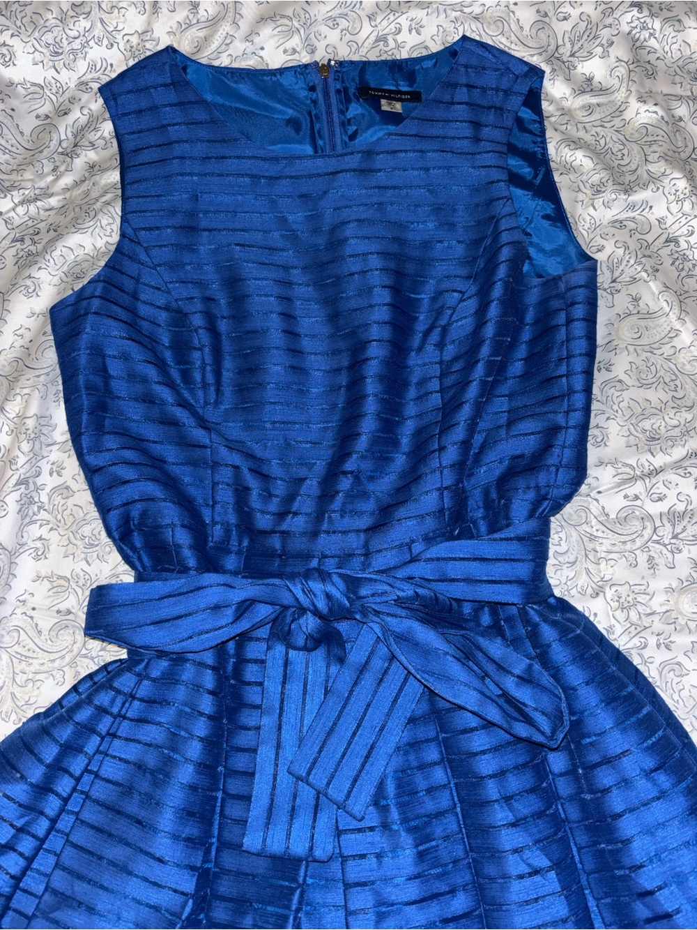 Tommy Hilfiger Royal Blue Striped Belted Fit & Flare Dress Size 8